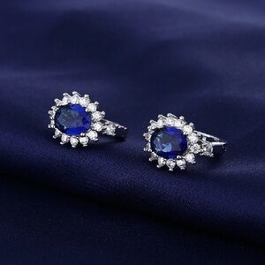 Sapphire White Dia Silver Princess Diana Halo Ring or Earrings